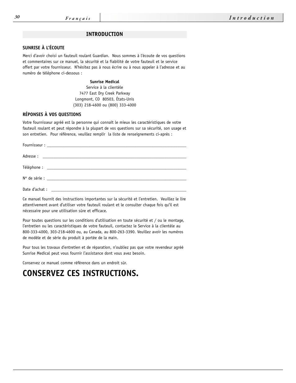 Conservez ces instructions | Sunrise Medical 2000 Series User Manual | Page 30 / 88