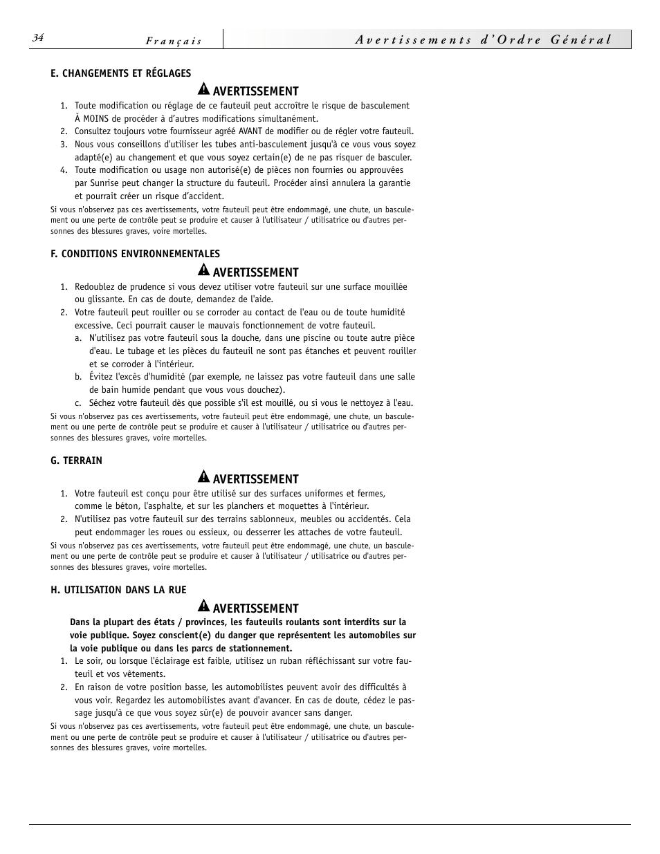 Avertissement | Sunrise Medical 2000 Series User Manual | Page 34 / 88