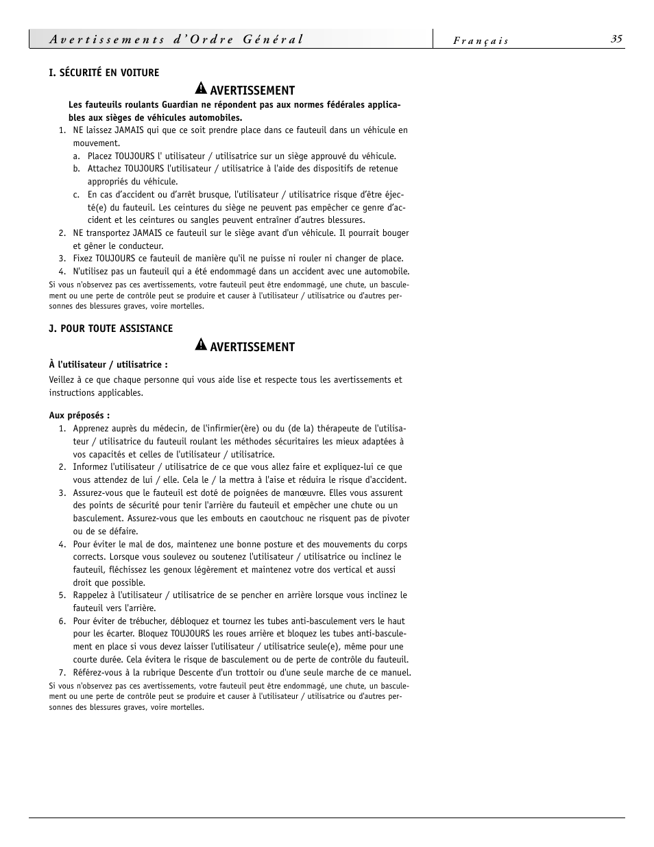Avertissement | Sunrise Medical 2000 Series User Manual | Page 35 / 88