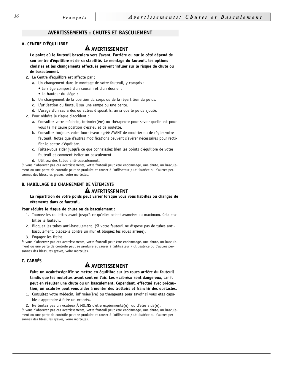 Avertissement | Sunrise Medical 2000 Series User Manual | Page 36 / 88