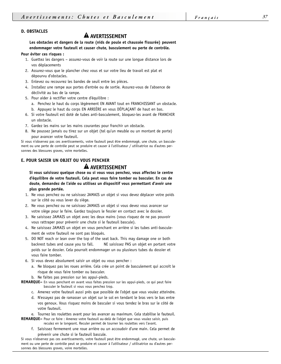 Avertissement | Sunrise Medical 2000 Series User Manual | Page 37 / 88