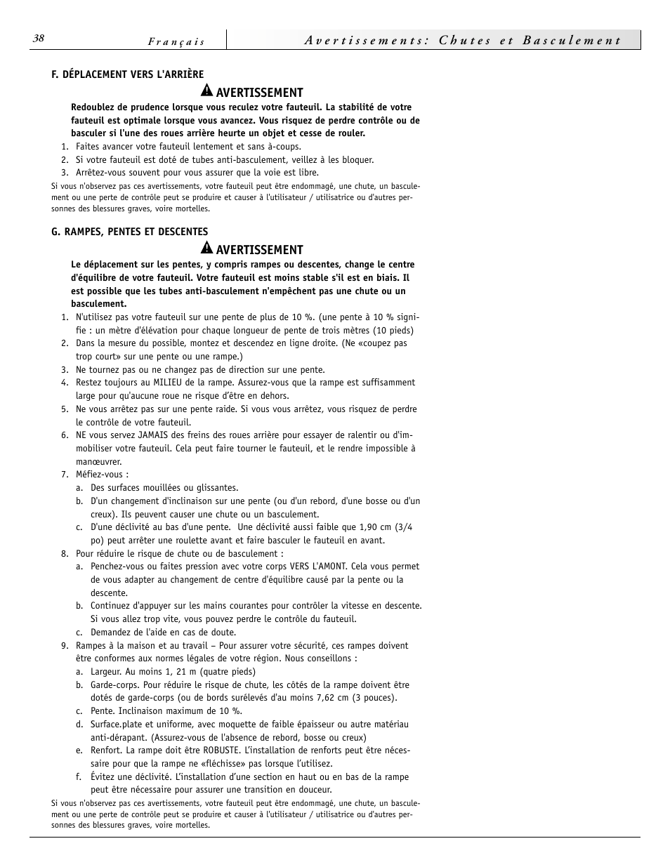 Avertissement | Sunrise Medical 2000 Series User Manual | Page 38 / 88
