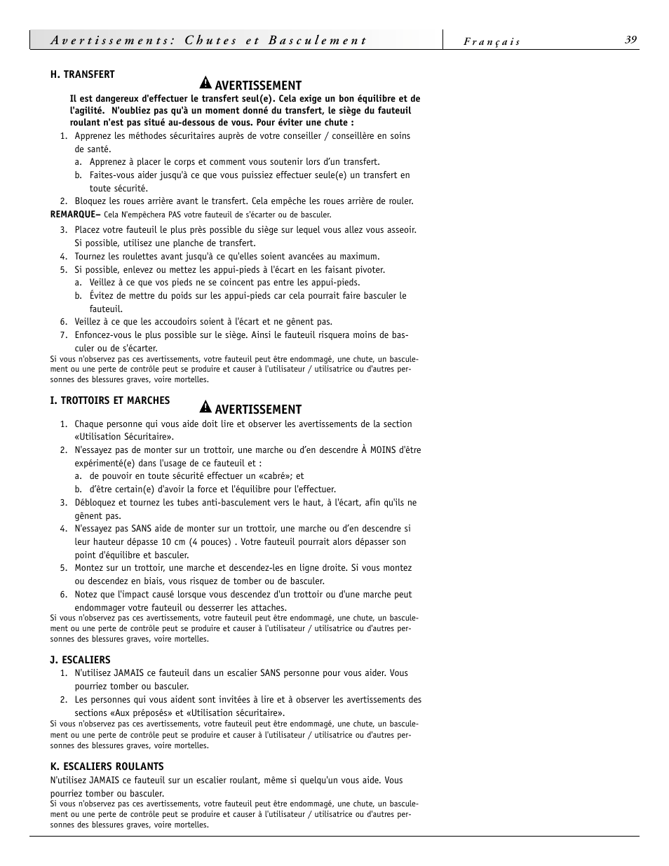Avertissement | Sunrise Medical 2000 Series User Manual | Page 39 / 88