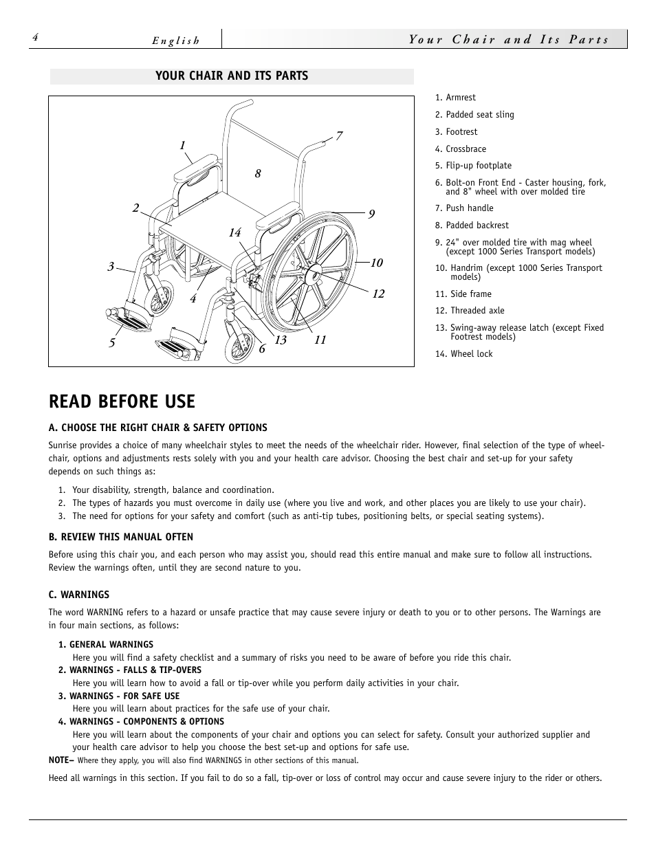 Read before use | Sunrise Medical 2000 Series User Manual | Page 4 / 88