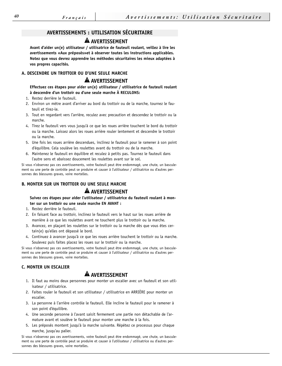Avertissement | Sunrise Medical 2000 Series User Manual | Page 40 / 88
