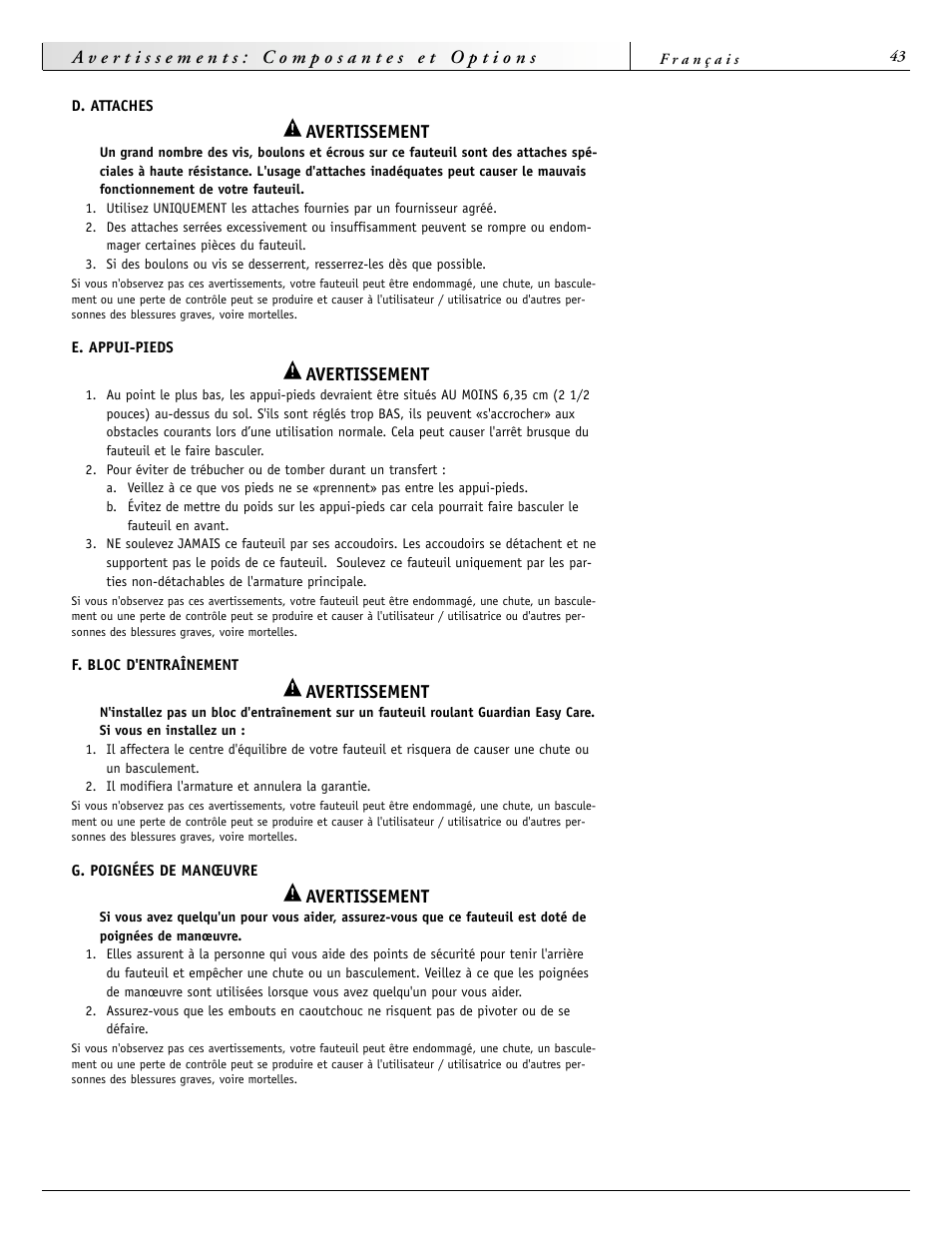 Avertissement | Sunrise Medical 2000 Series User Manual | Page 43 / 88