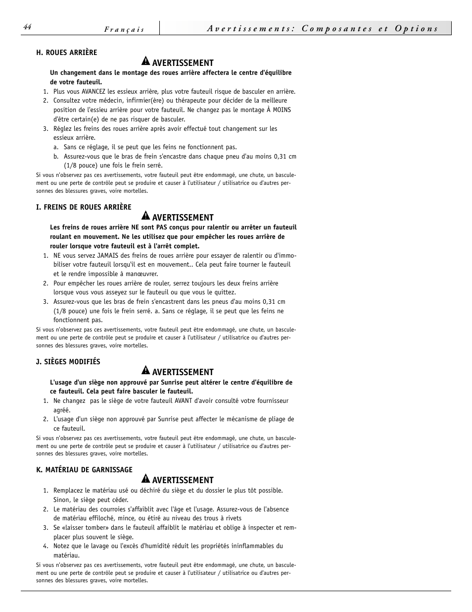 Avertissement | Sunrise Medical 2000 Series User Manual | Page 44 / 88
