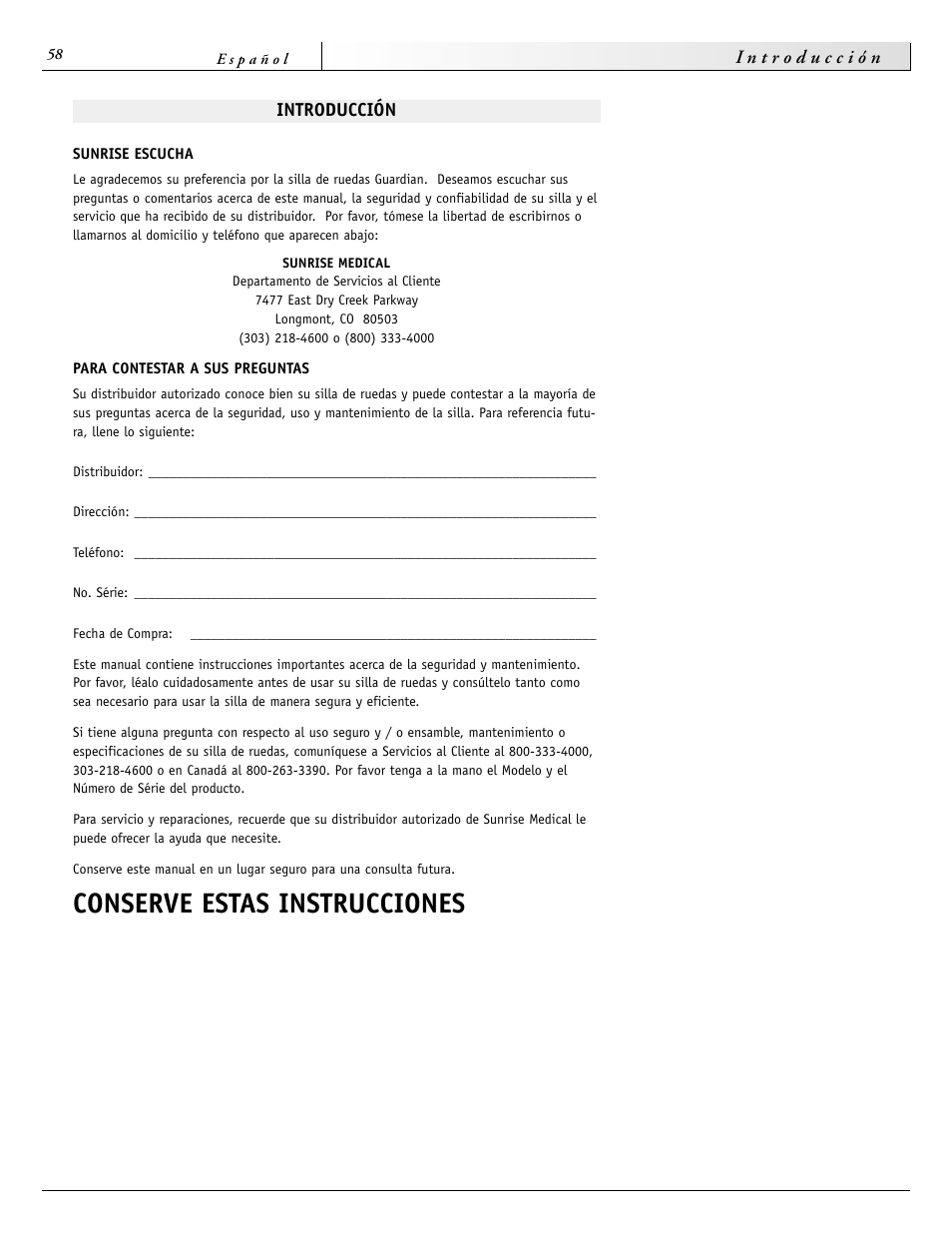 Conserve estas instrucciones | Sunrise Medical 2000 Series User Manual | Page 58 / 88