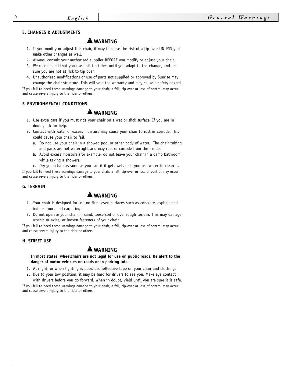 Warning | Sunrise Medical 2000 Series User Manual | Page 6 / 88