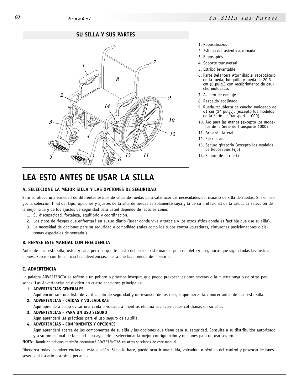 Lea esto antes de usar la silla | Sunrise Medical 2000 Series User Manual | Page 60 / 88