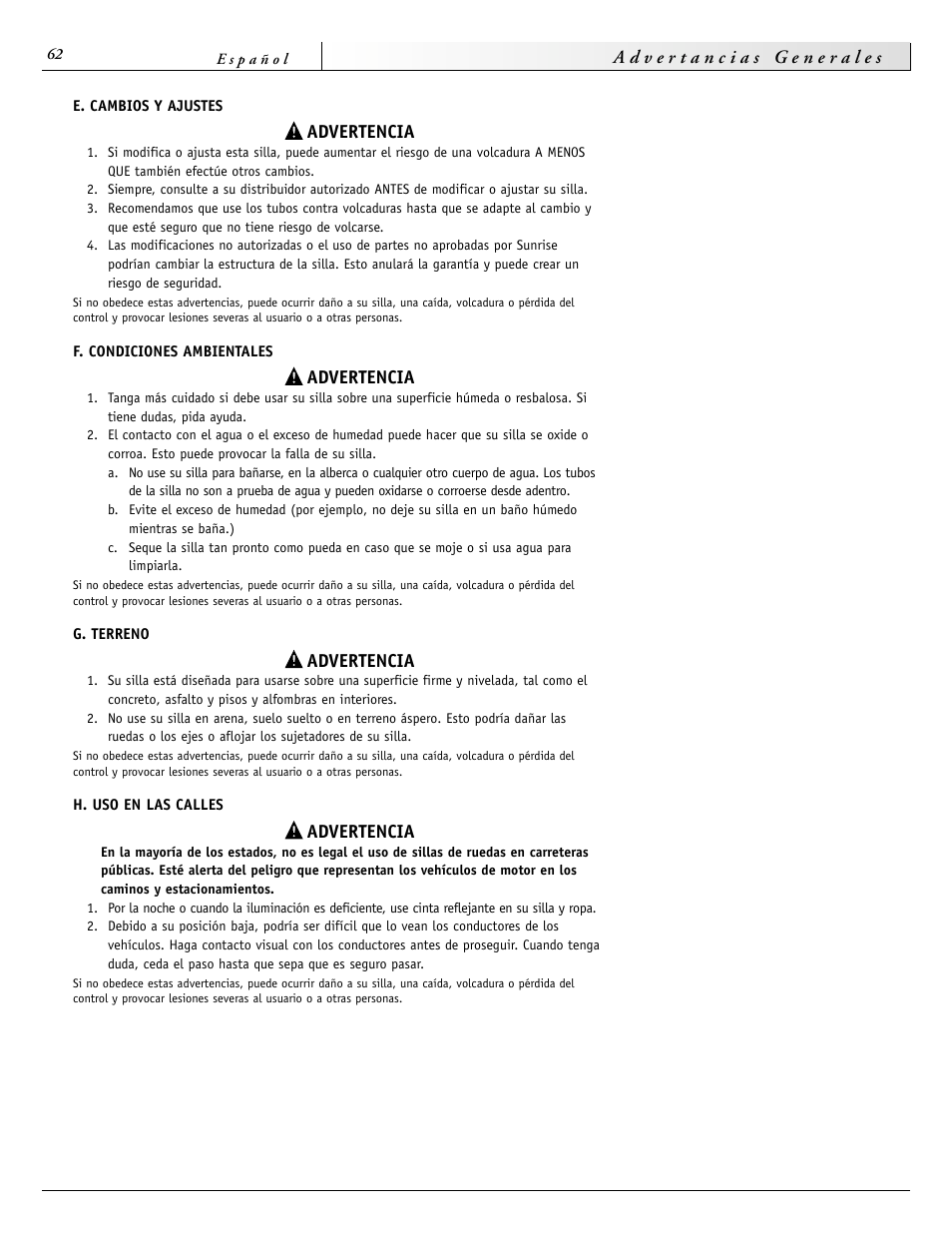 Advertencia | Sunrise Medical 2000 Series User Manual | Page 62 / 88
