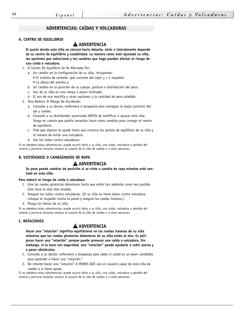 Advertencia | Sunrise Medical 2000 Series User Manual | Page 64 / 88