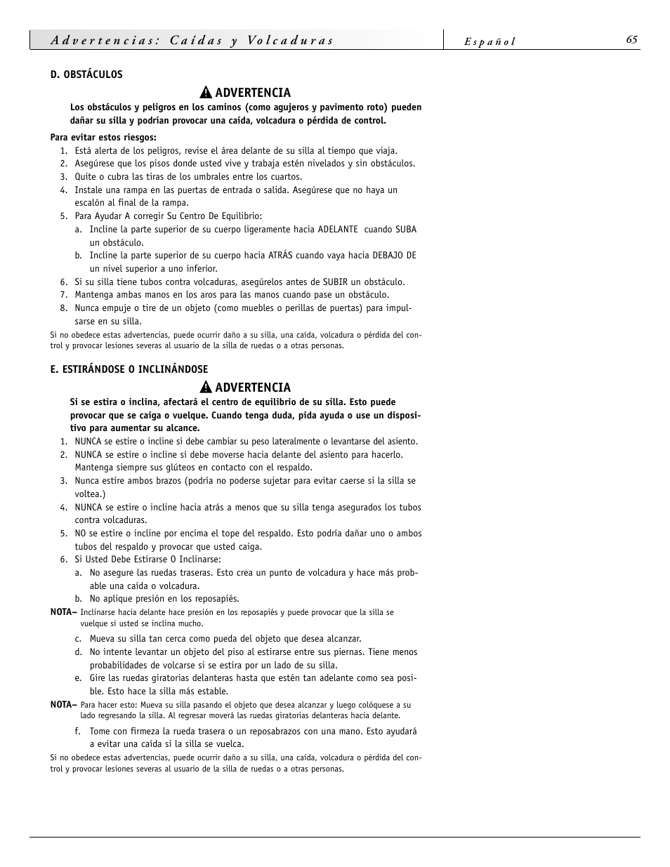 Advertencia | Sunrise Medical 2000 Series User Manual | Page 65 / 88
