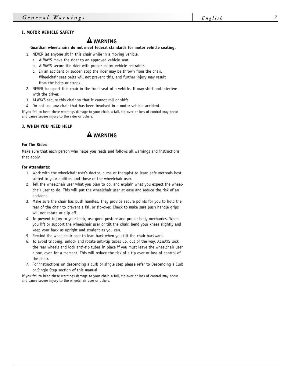 Warning | Sunrise Medical 2000 Series User Manual | Page 7 / 88