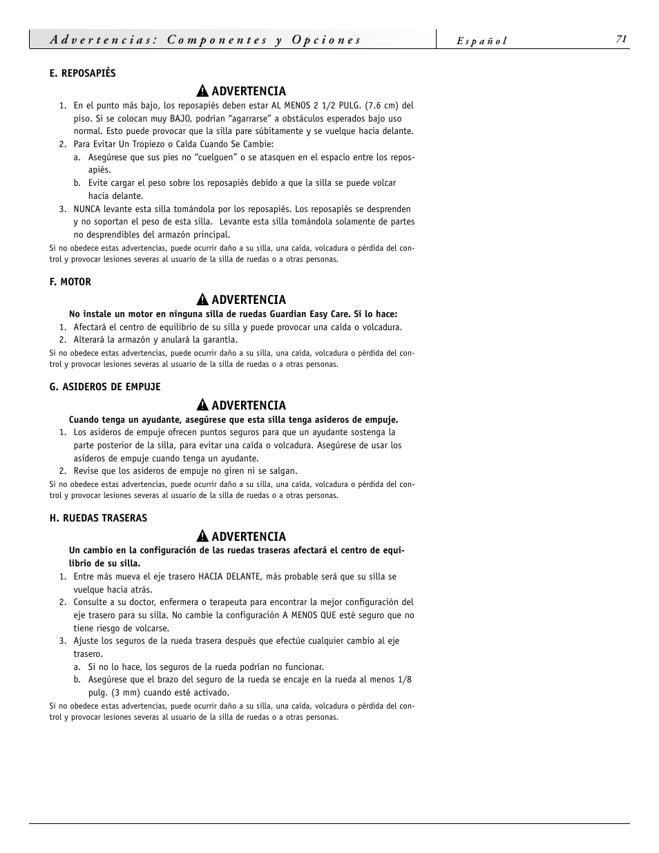 Advertencia | Sunrise Medical 2000 Series User Manual | Page 71 / 88