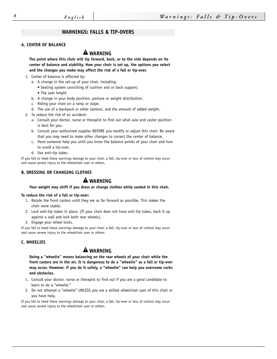 Warnings: falls & tip-overs, Warning | Sunrise Medical 2000 Series User Manual | Page 8 / 88