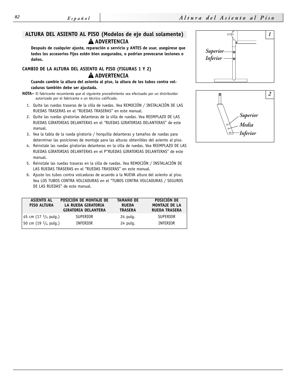 Advertencia, 1superior inferior 2 superior media inferior | Sunrise Medical 2000 Series User Manual | Page 82 / 88