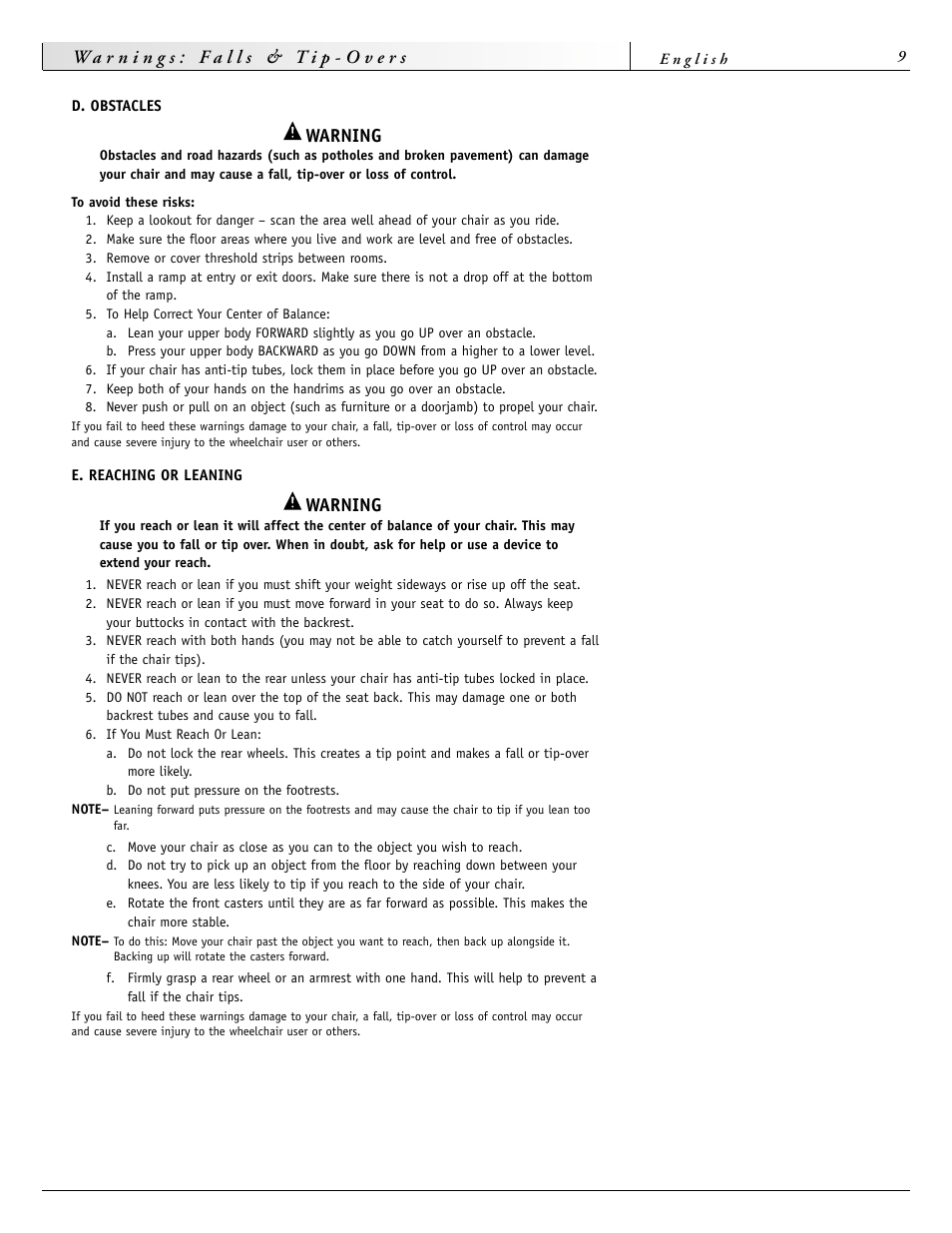 Warning | Sunrise Medical 2000 Series User Manual | Page 9 / 88