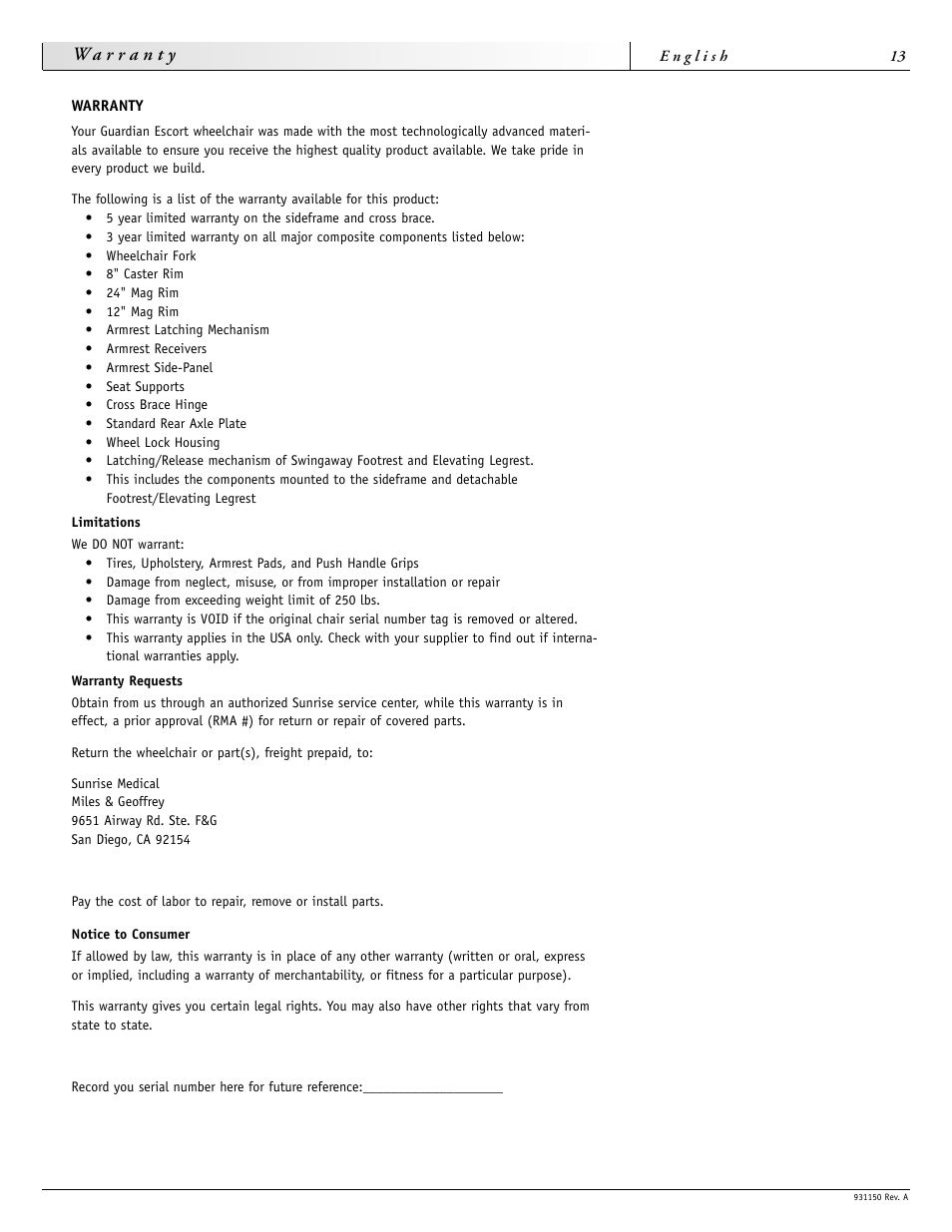 Sunrise Medical Guardian 931150 User Manual | Page 13 / 34
