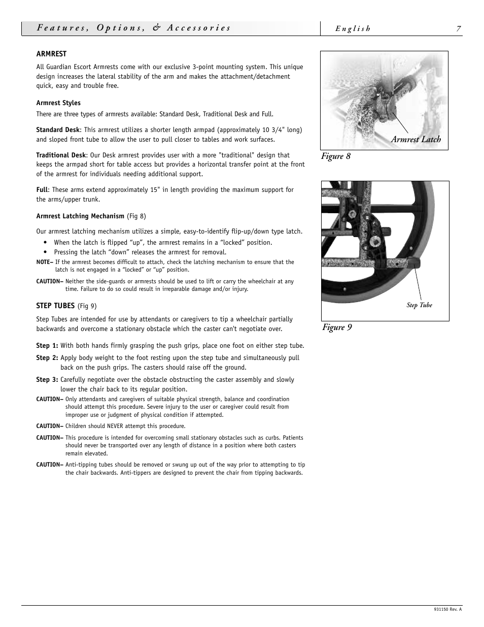 Figure 9, Figure 8 armrest latch | Sunrise Medical Guardian 931150 User Manual | Page 7 / 34