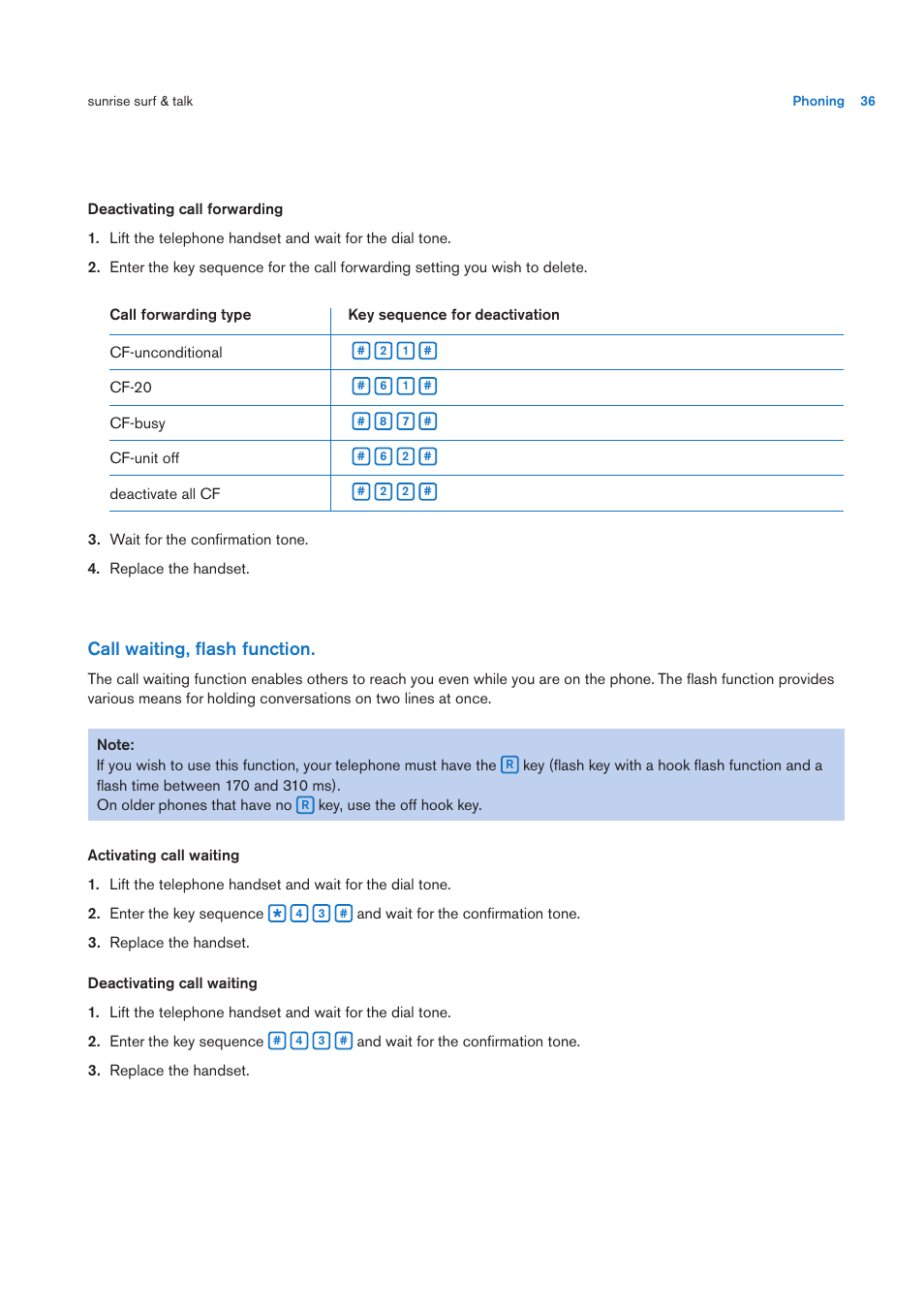 Call waiting, fl ash function | Sunrise Medical User Manual User Manual | Page 36 / 60