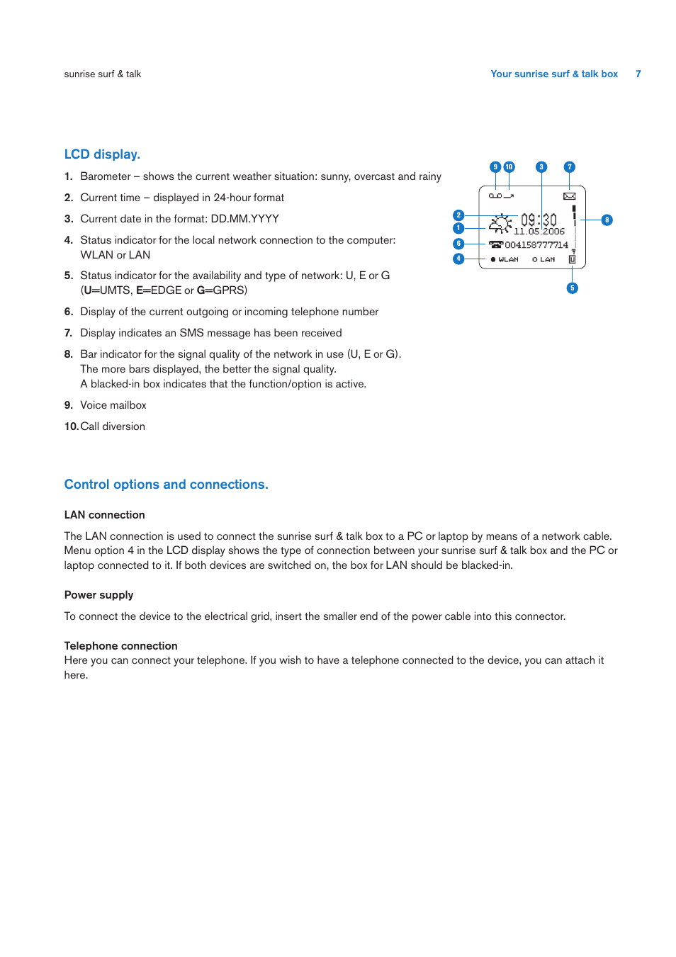 Lcd display, Control options and connections | Sunrise Medical User Manual User Manual | Page 7 / 60