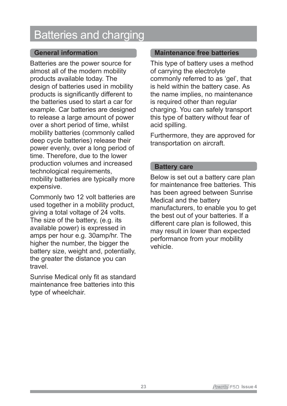 Batteries and charging | Sunrise Medical POWERTEC F50 User Manual | Page 26 / 44