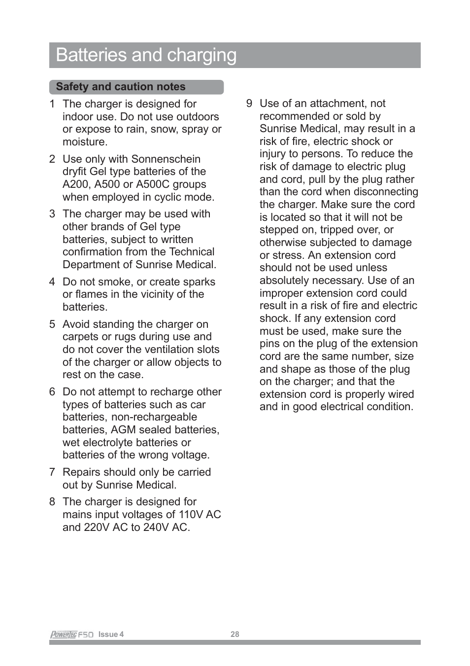 Batteries and charging | Sunrise Medical POWERTEC F50 User Manual | Page 31 / 44