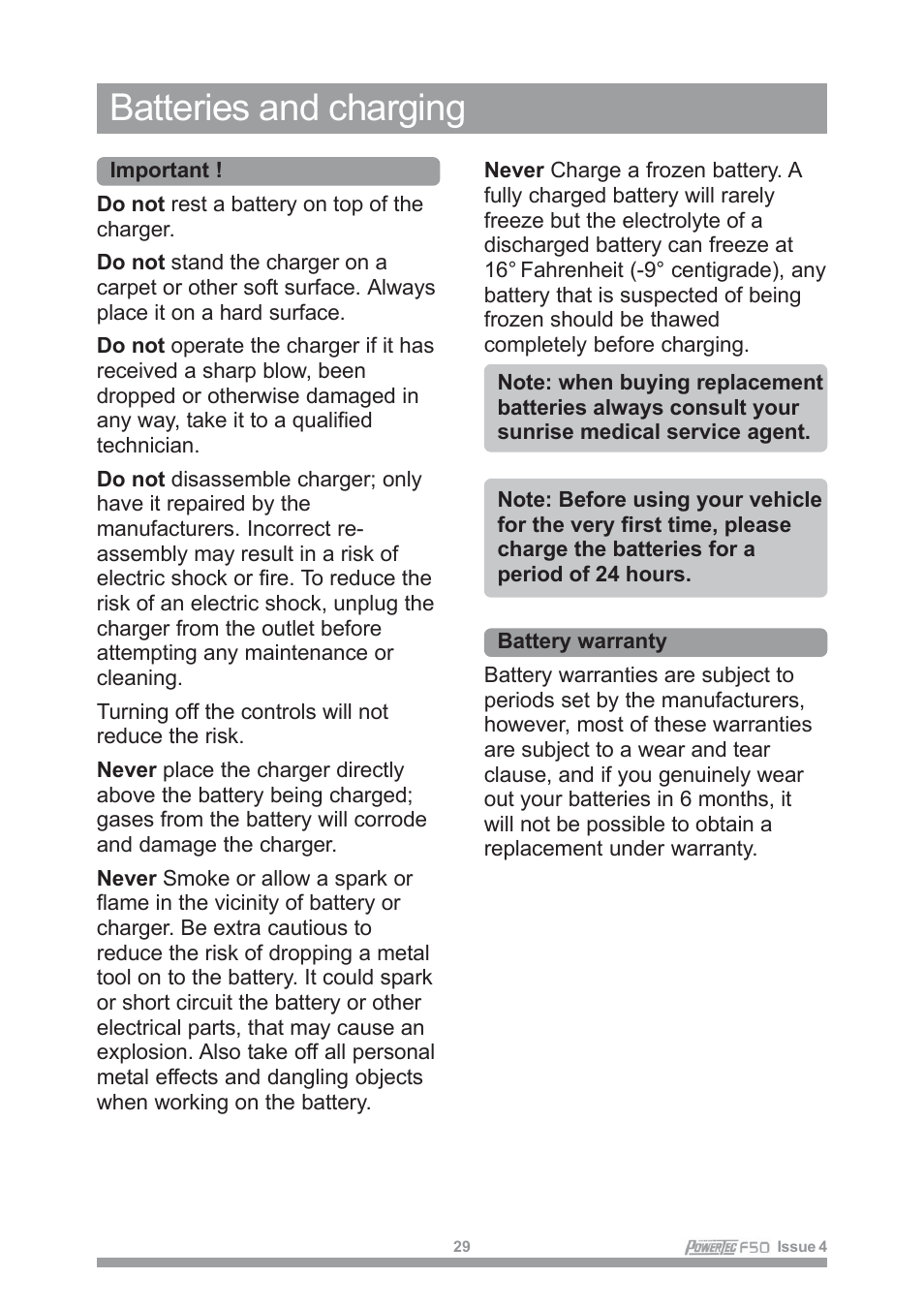 Batteries and charging | Sunrise Medical POWERTEC F50 User Manual | Page 32 / 44