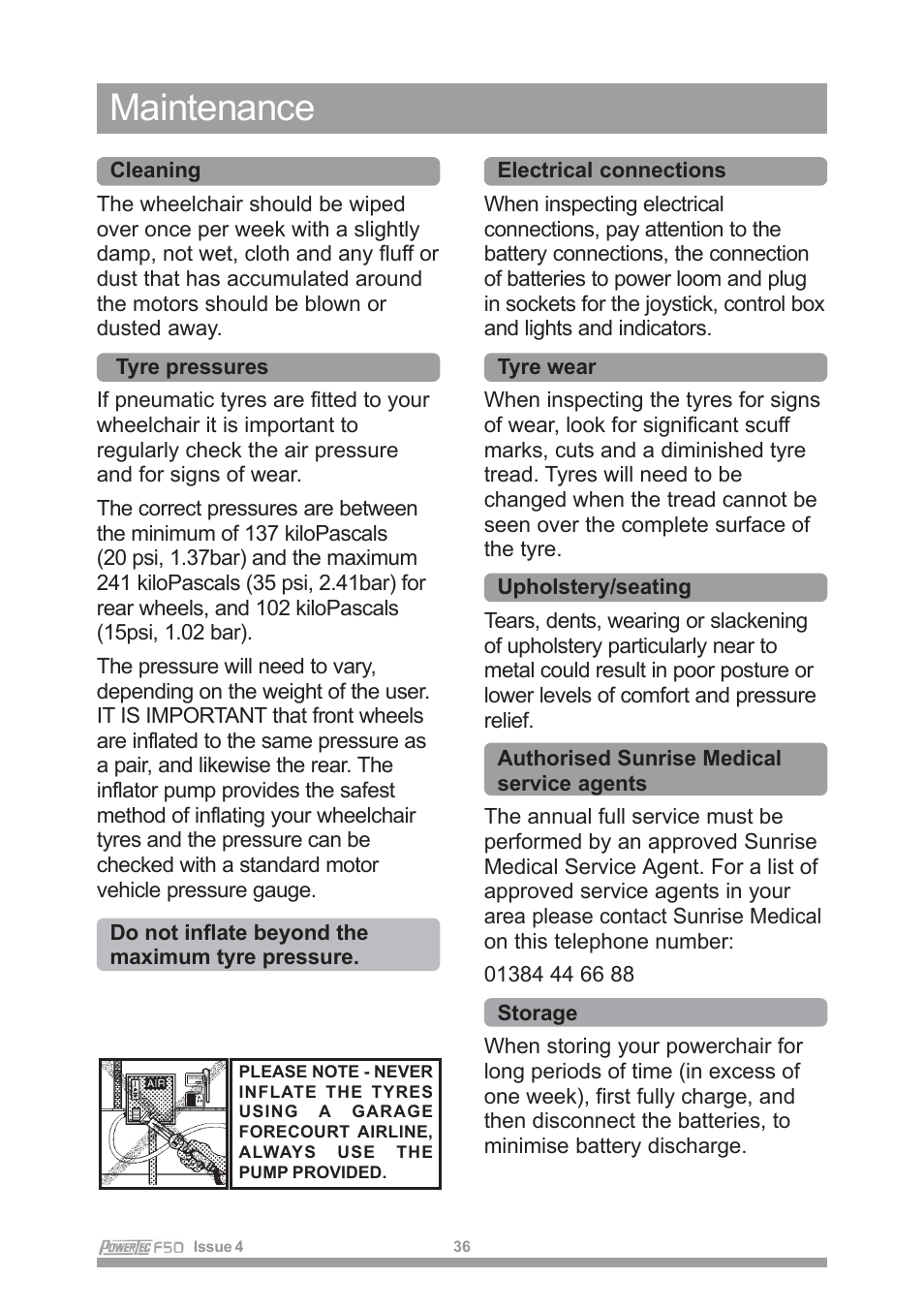 Maintenance | Sunrise Medical POWERTEC F50 User Manual | Page 39 / 44