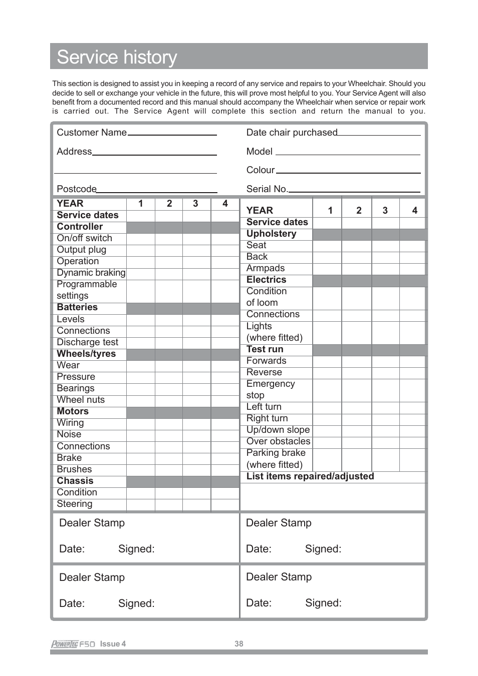 Service history | Sunrise Medical POWERTEC F50 User Manual | Page 41 / 44