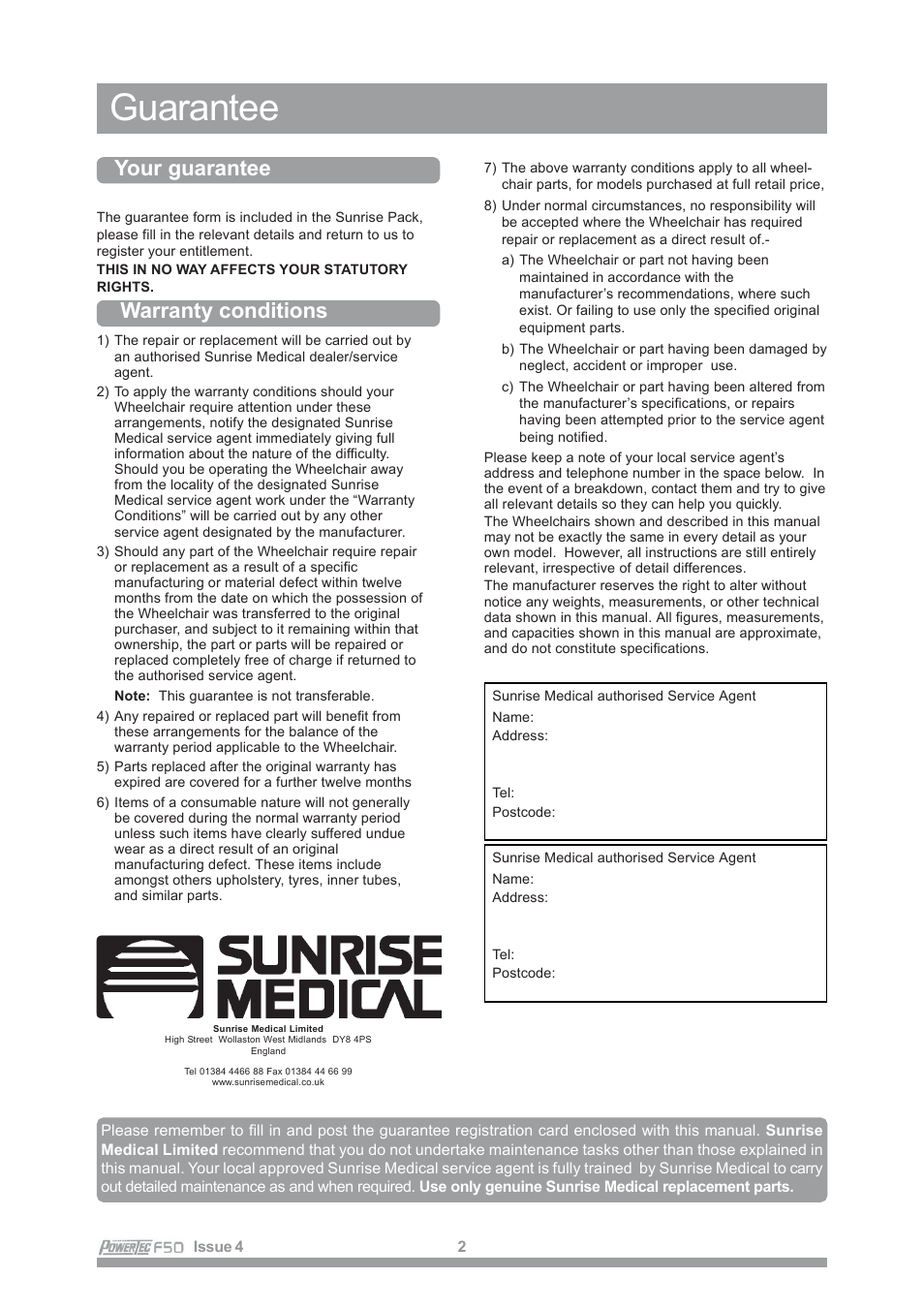 Guarantee, Your guarantee, Warranty conditions | Sunrise Medical POWERTEC F50 User Manual | Page 5 / 44
