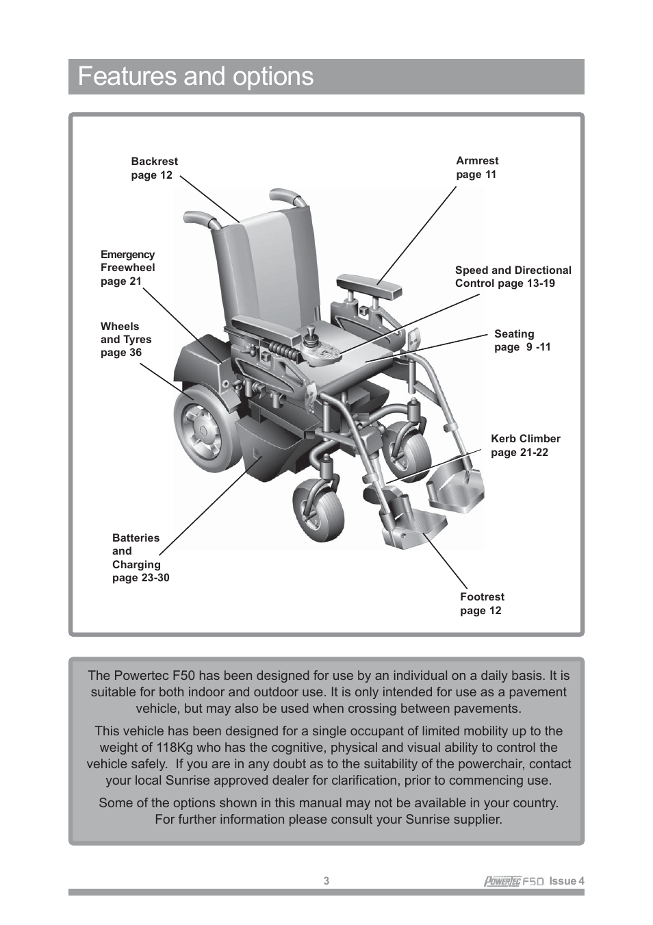 Features and options | Sunrise Medical POWERTEC F50 User Manual | Page 6 / 44