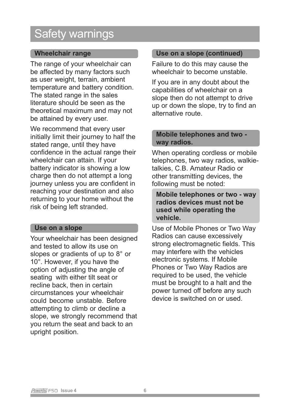 Safety warnings | Sunrise Medical POWERTEC F50 User Manual | Page 9 / 44