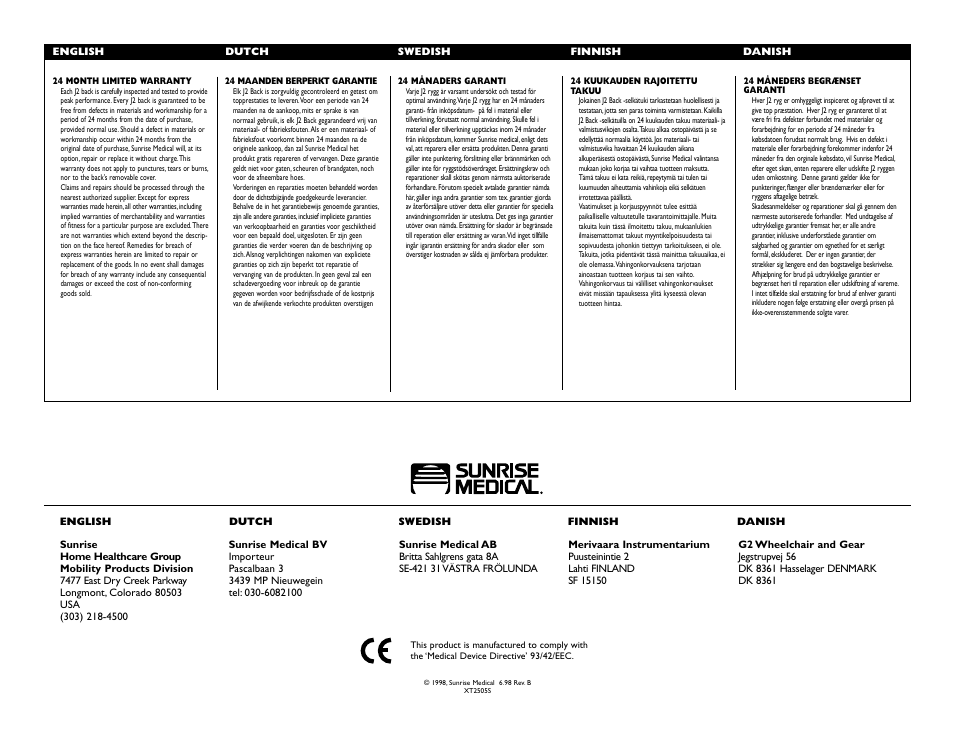 Sunrise Medical Jay J2 Back XT2505S User Manual | Page 8 / 8