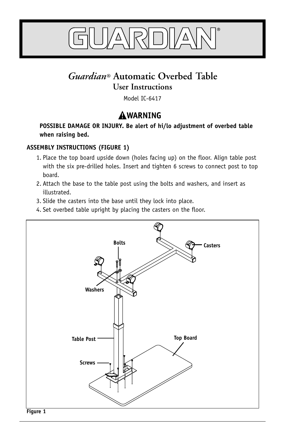 Sunrise Medical Guardian Automatic Overbed Table IC-6417 User Manual | 2 pages