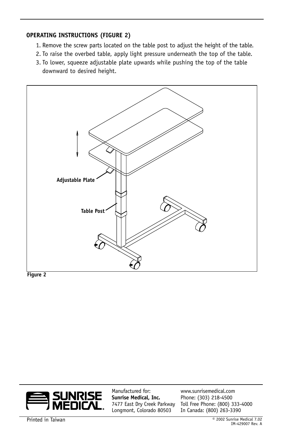 Sunrise Medical Guardian Automatic Overbed Table IC-6417 User Manual | Page 2 / 2