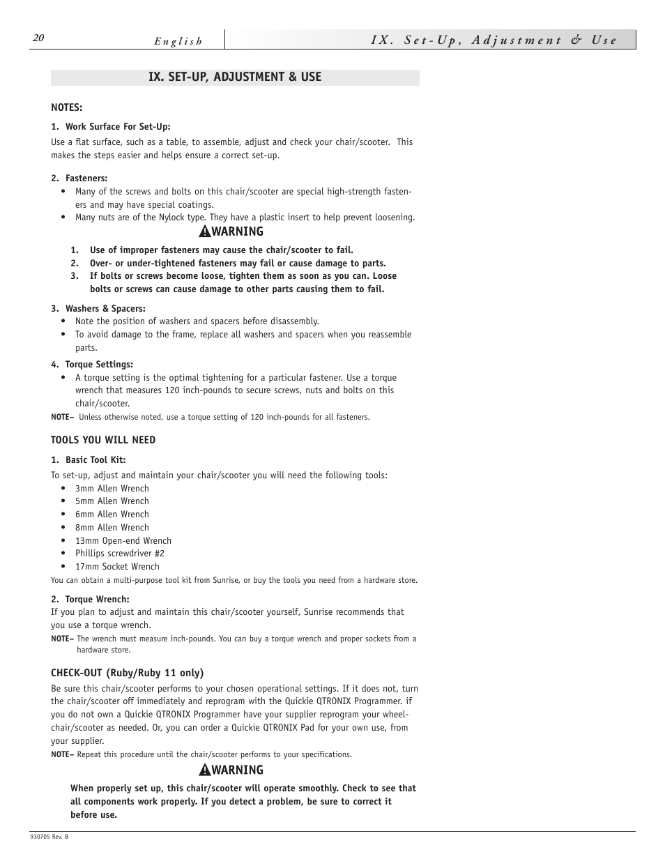 Ix. set-up, adjustment & use | Sunrise Medical Ruby User Manual | Page 20 / 100