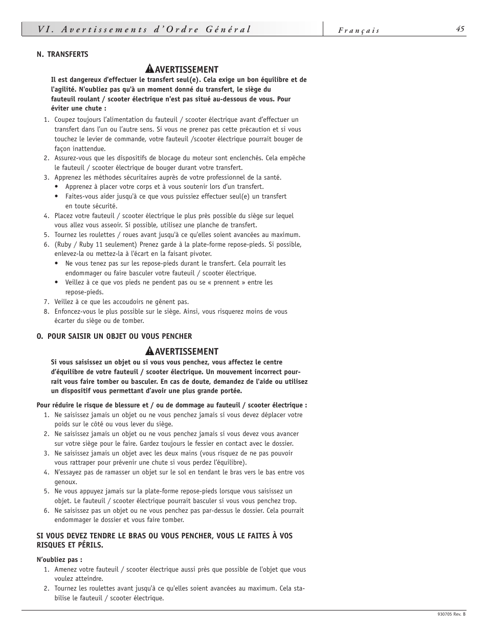 Avertissement | Sunrise Medical Ruby User Manual | Page 45 / 100
