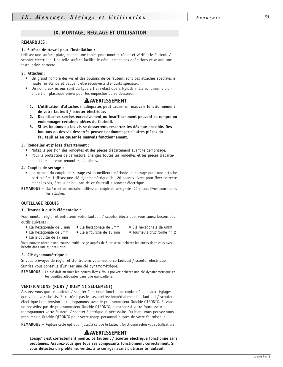 Ix. montage, réglage et utilisation, Avertissement | Sunrise Medical Ruby User Manual | Page 53 / 100