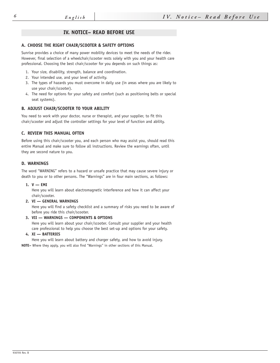 Iv. notice– read before use | Sunrise Medical Ruby User Manual | Page 6 / 100