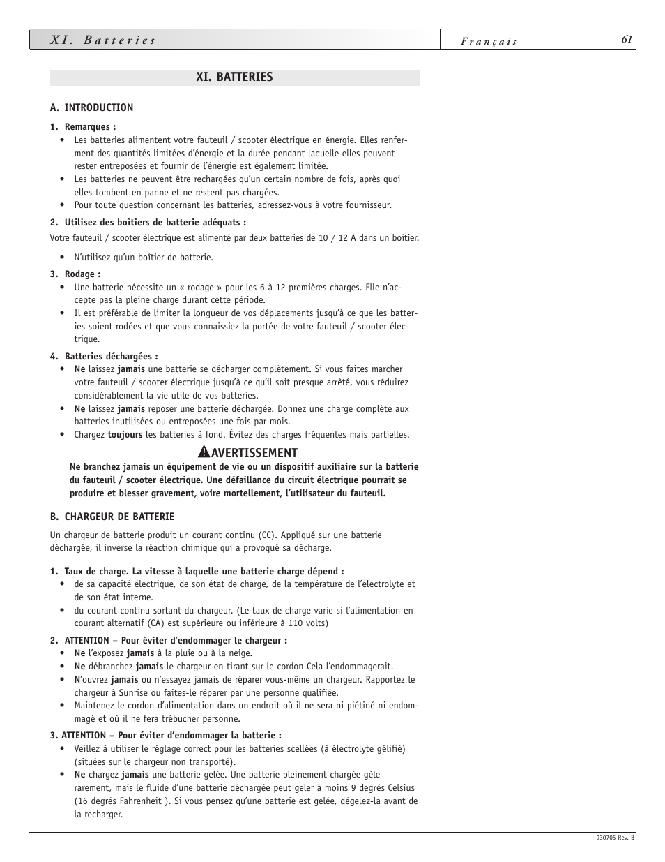 Xi. batteries, Avertissement | Sunrise Medical Ruby User Manual | Page 61 / 100