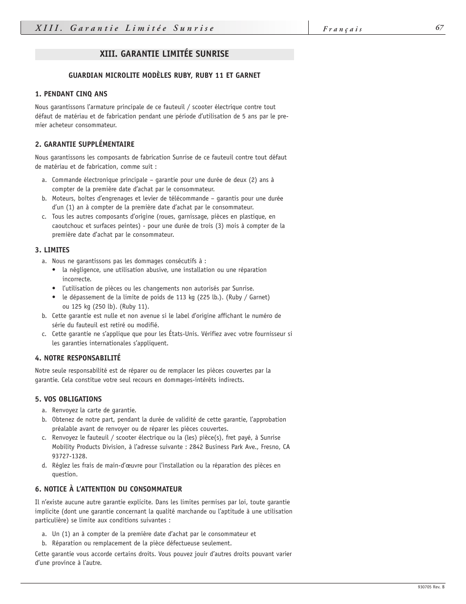 Xiii. garantie limitée sunrise | Sunrise Medical Ruby User Manual | Page 67 / 100