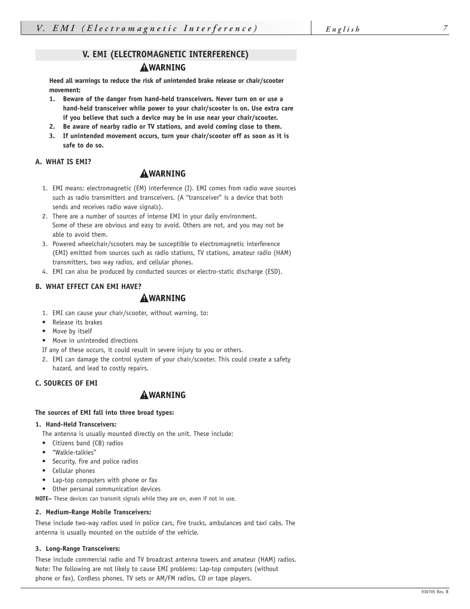 V. emi (electromagnetic interference) | Sunrise Medical Ruby User Manual | Page 7 / 100