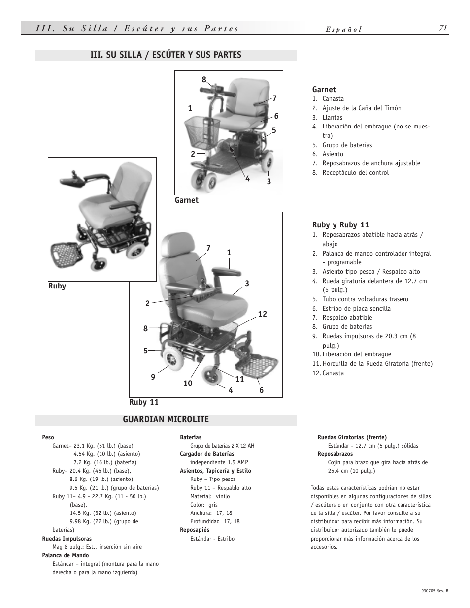 Iii. su silla / escúter y sus partes, Guardian microlite | Sunrise Medical Ruby User Manual | Page 71 / 100