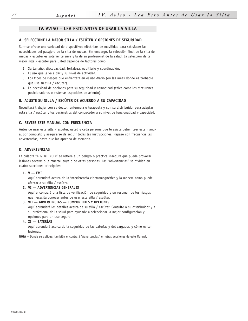 Iv. aviso – lea esto antes de usar la silla | Sunrise Medical Ruby User Manual | Page 72 / 100