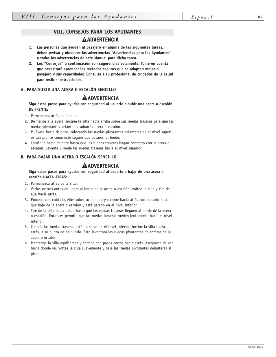 Viii. consejos para los ayudantes, Advertencia | Sunrise Medical Ruby User Manual | Page 85 / 100