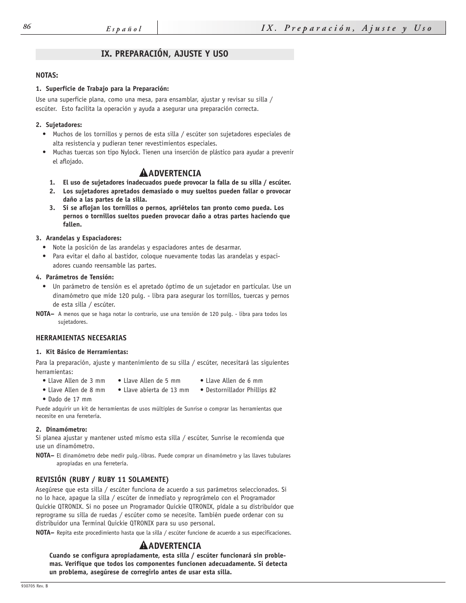 Ix. preparación, ajuste y uso, Advertencia | Sunrise Medical Ruby User Manual | Page 86 / 100
