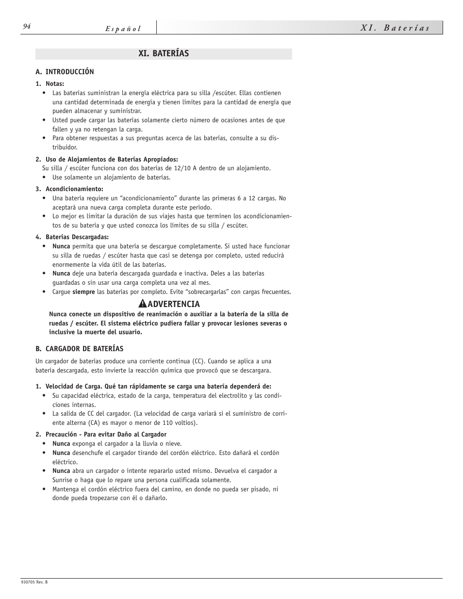 Xi. baterías, Advertencia | Sunrise Medical Ruby User Manual | Page 94 / 100