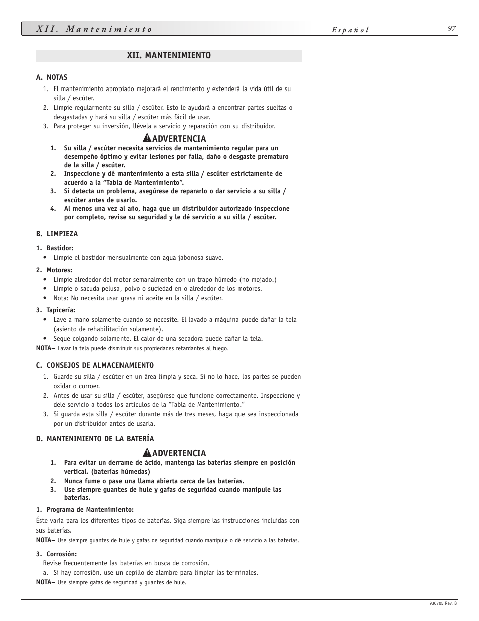 Xii. mantenimiento, Advertencia | Sunrise Medical Ruby User Manual | Page 97 / 100